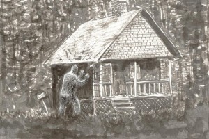  The McCoy family said that one night a huge creature came to the Hurricane Mountain observer’s cabin and violently shook the building. Illustrated by Sam Glanzman